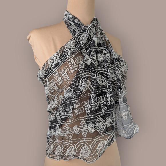90s Vintage Cream Embroidered Sheer Black Mesh Wrap Shawl - Picture 2 of 9